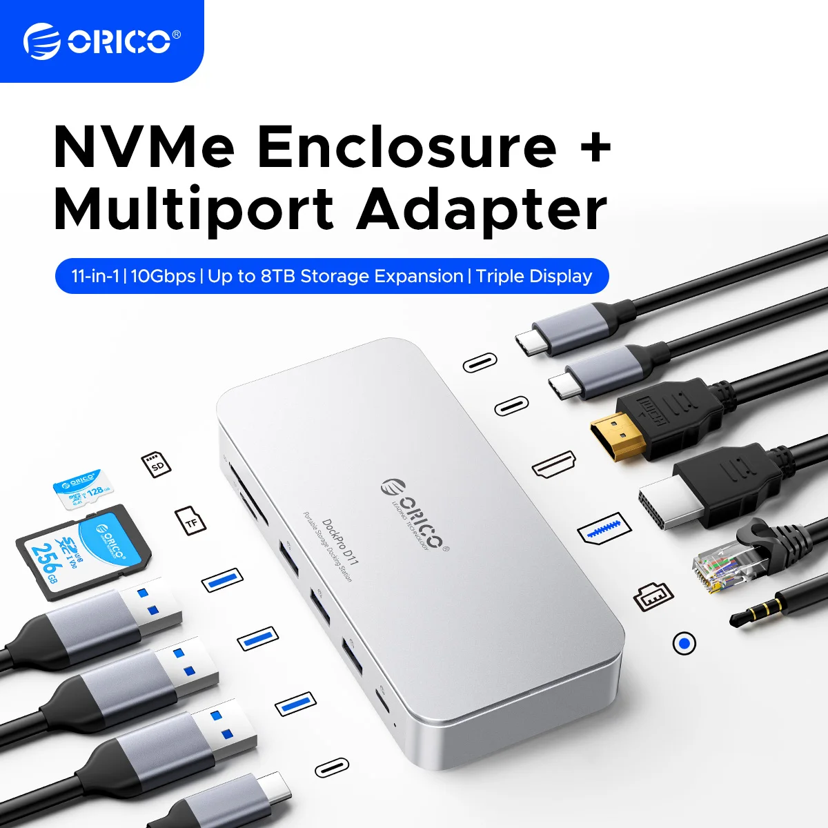 ORICO M.2 2230/2242/2260/2280 NVMe SSD Enclosure 10Gbps USB C Storage Docking Station with 8K60HZ HD DP SD/TF PD100W Charger HUB