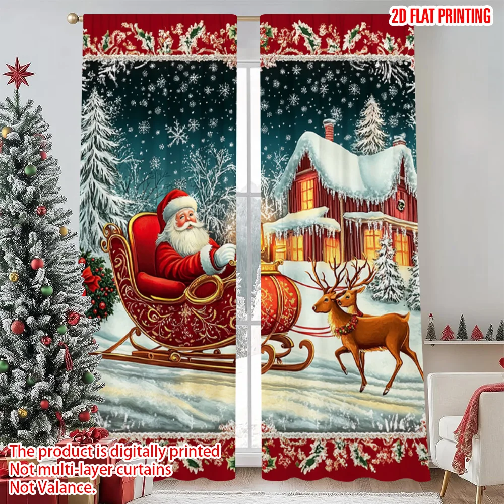 

2pcs 2D flat printing Christmas Party Curtain Country style Santa Claus and reindeer sleigh Versatile Polyester Fabric Without