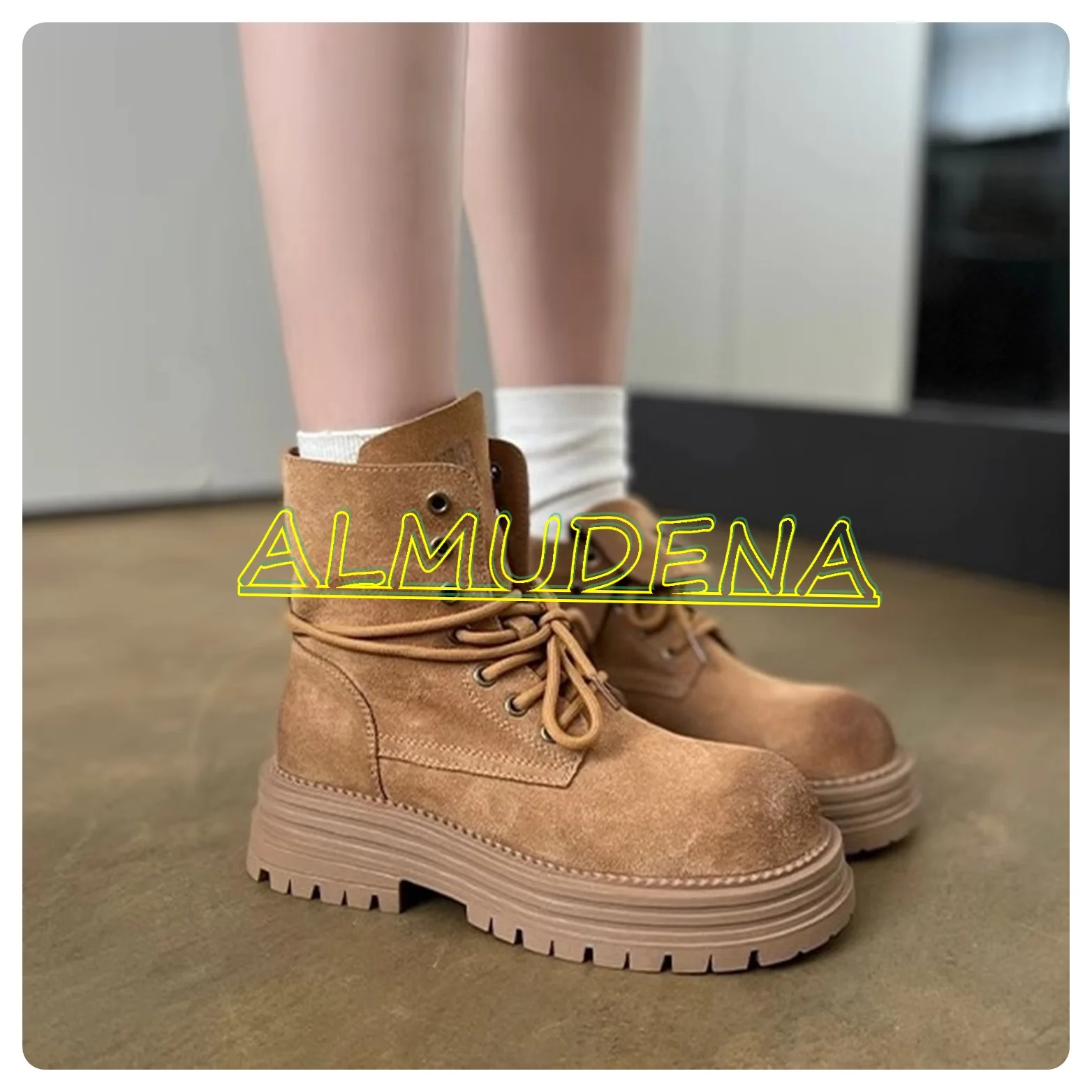 Lace-up Big Round Toe Flip Ankle Boots Platform Thick Sole Height Increasing Casual Shoes Solid  Two-way Wear Autunm Boots New