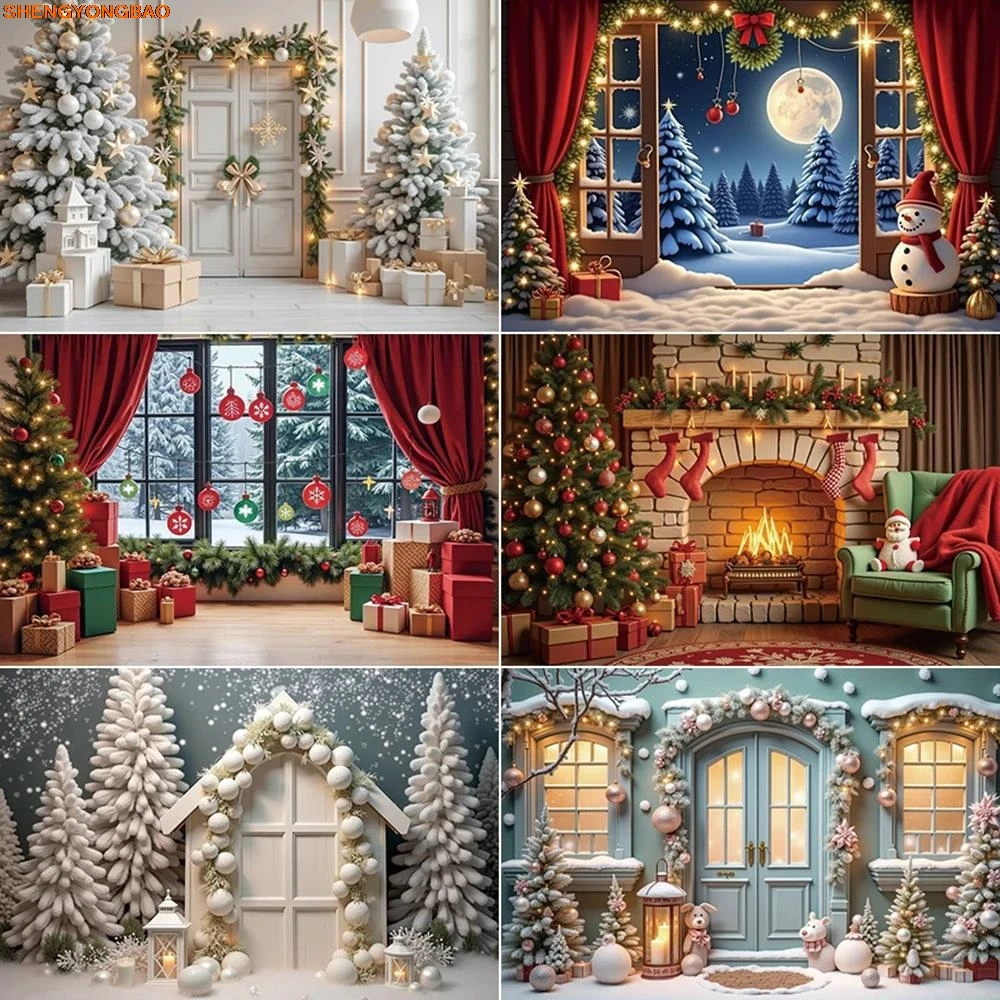 

2025 Christmas Photography Background Arch Window Wooden Door New Year Photozone Backdrop Baby Photo Studio Accessories
