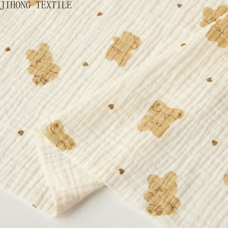 0.5m/1m/3m/5m Cotton Gauze Fabric Khaki Bear Printed Pajamas Nightdress Crepe Cotton Long-sleeved Ins Style Homewear Fabric