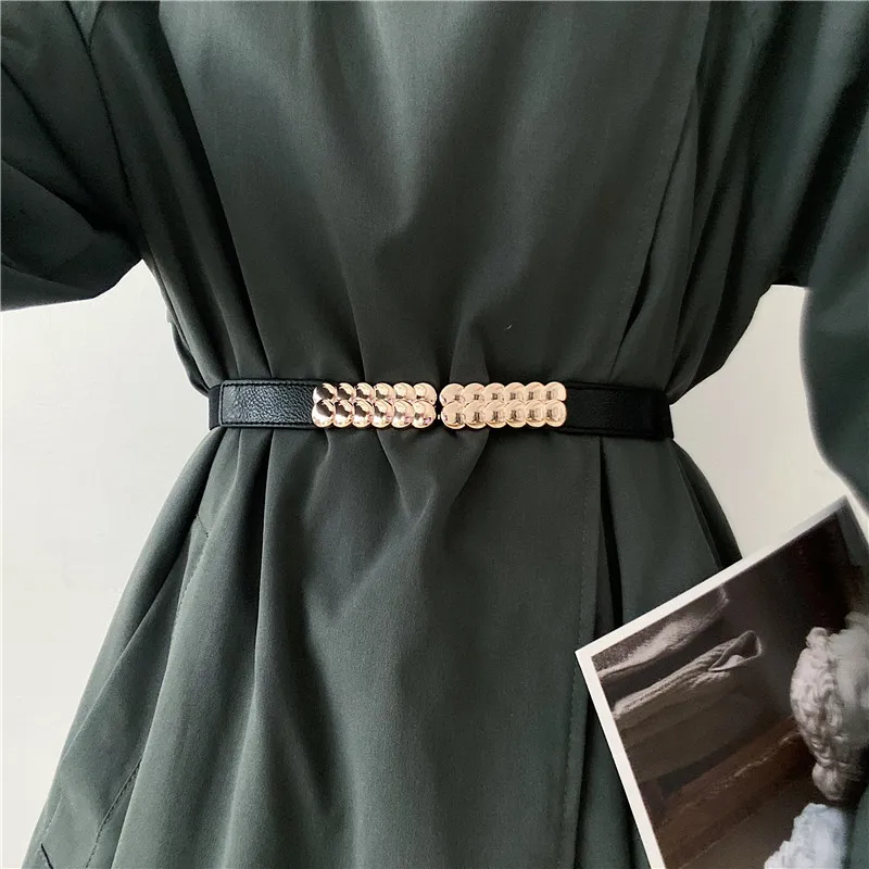 Fashion Women Belts Black Waist Seal Gold Metal Buckle Female Dress Belts Ladies Thin Stretch Waistband Gifts Party Cummerbunds