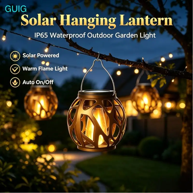 1/2/4 Pack Solar Hanging Flame Lantern IP65 Waterproof Outdoor Solar Light Auto On/Off Hollow Decor Lamp for Garden Patio Tree