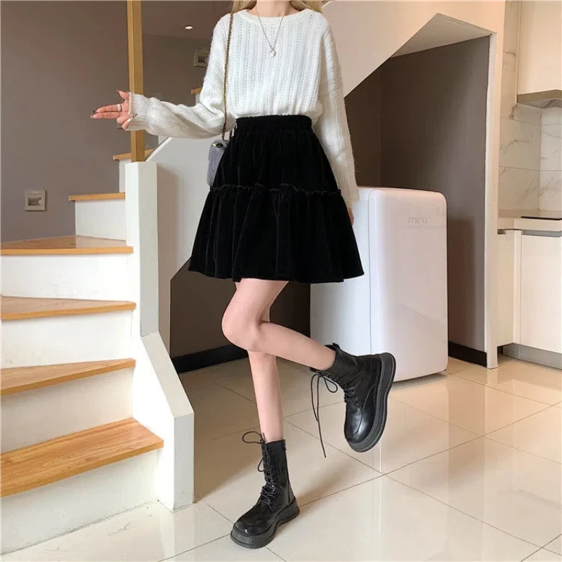 Korean Fashion Autumn Winter New Velvet Women Solid Patchwork Simplicity Elastic High Waist Short A-line Ball Gown Pleated Skirt