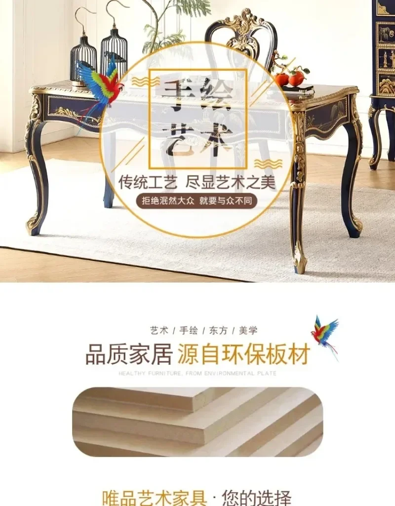 A French villa royal blue hand-painted solid wood rectangular dining table, desk, chair, writing desk, painting, computer table