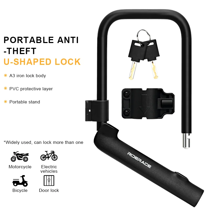 RIDERACE Bicycle U-Lock Portable Anti-theft Safe High Security MTB Mountain Bike Lock With 2 Keys For Scooter Electric E-Bike