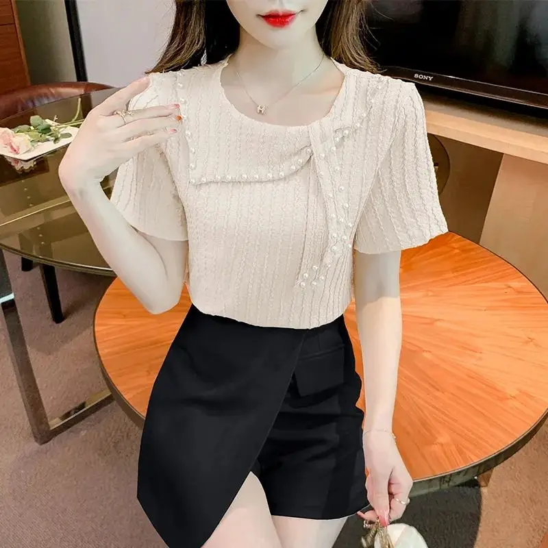 Sweet O-Neck Spliced Solid Color Lace Up Beading T-Shirts Women Clothing 2024 Summer New Loose Casual Tops Korean Tee Shirt