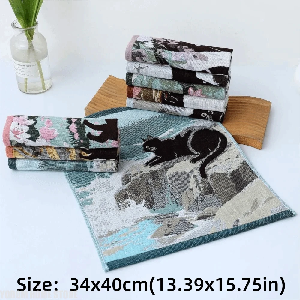 Art Cute Black Cat Embroidery Hand Face Towel 100% Cotton Soft Does Not Fade for Bathroom Hotel Home Gift Handkerchief Towels