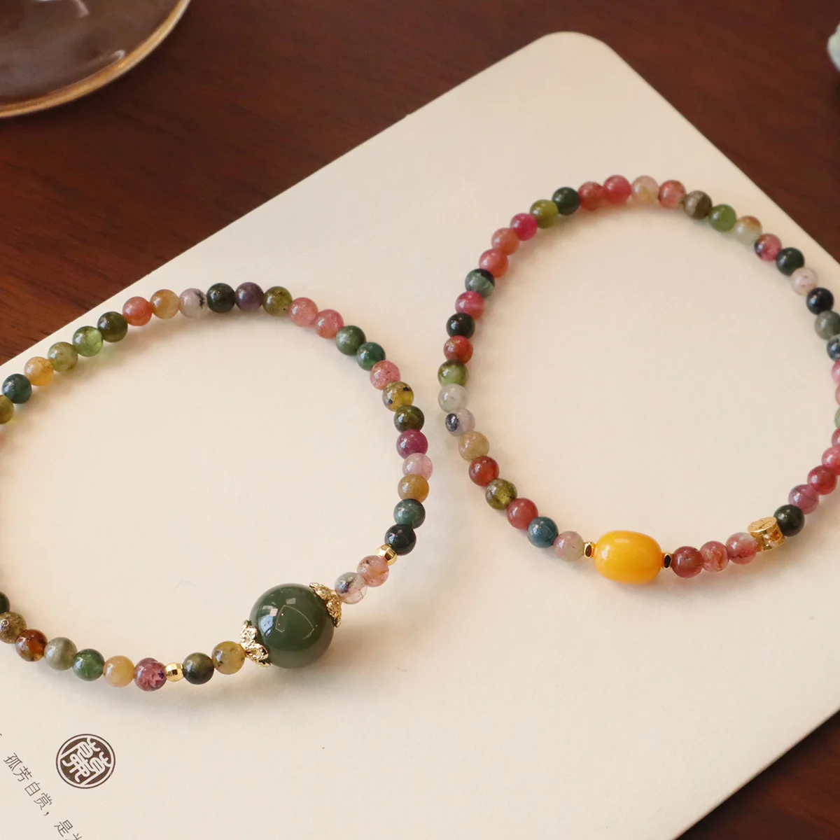 

4mm Multicolor Natural Tourmaline Beaded Strand Thin Bracelets for Women Vintage Hetian Jade&Amber Charm Bangle Accessories