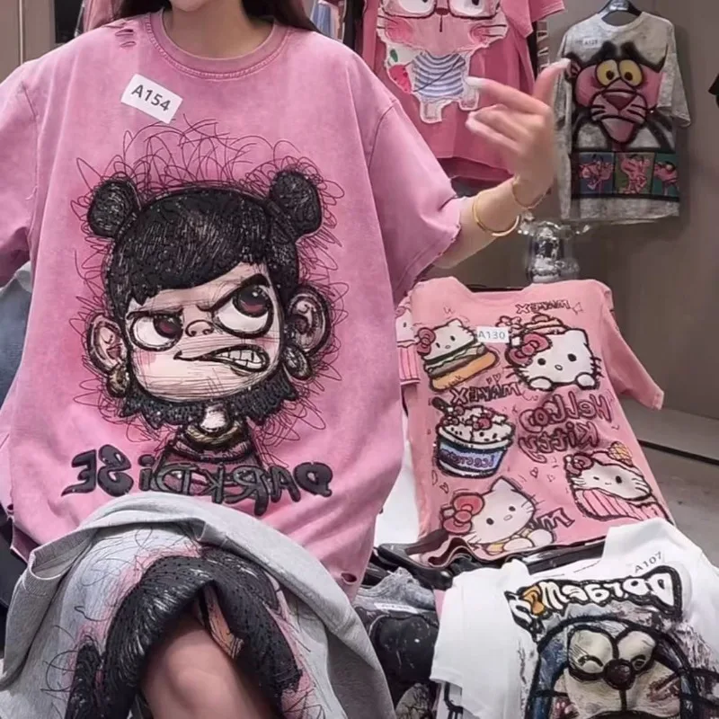 

Summer New Harajuku Casual Loose Versatile Temperament Nezha Fashion Printed Casual Short Sleeved Oversized T Shirt Couple Tops