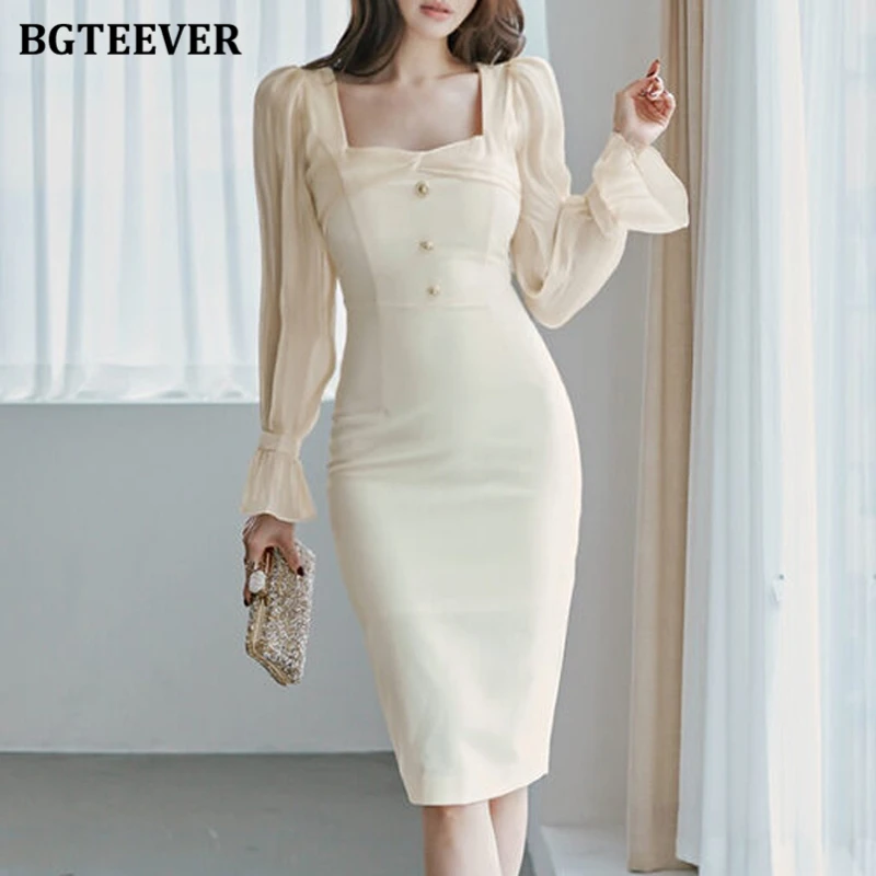 BGTEEVER Fashion Square Collar Women Slim Package Hip Midi Dress elegante manica lunga femminile Skinny Bodycon Dress autunno Vestidos