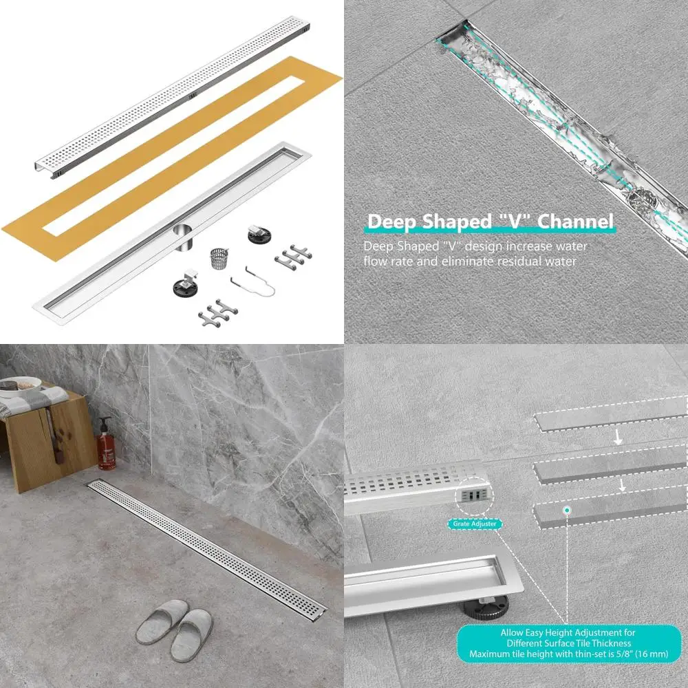

24 Square-Pattern Grate, Brushed 304 SS Linear Drain with Hair Catcher & Low Profile Design