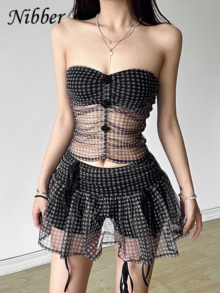 Nibber 2024 Summer Mesh Perspective Plaid Sexy High Street Mature Beautiful Ruffles Cool Women\'s Thin Vest Skirt Two-piece Set