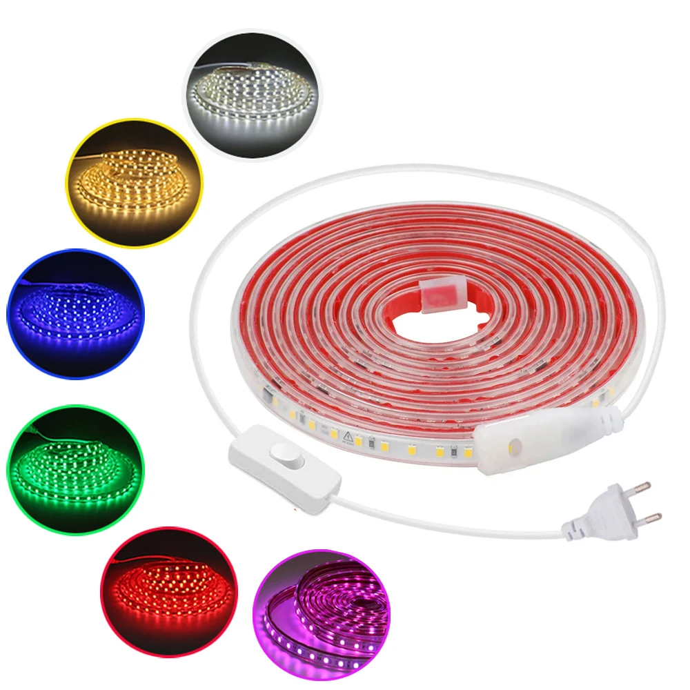 AC 220V Eu 플러그인 LED 스트립 조명, SMD 5050 60LEDS/M IP65 방수 정원 홈 거실 주방 유연한 로프 테이프 램프