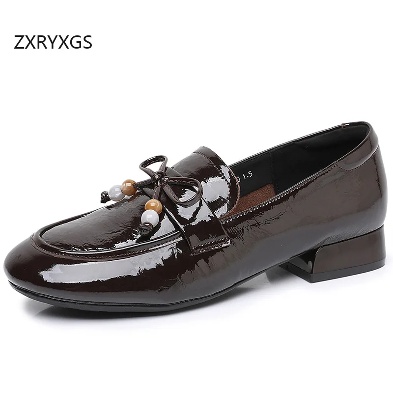 ZXRYXGS Sepatu Hak Rendah Wanita Kulit Sapi Asli Model Pita 2025 Musim Gugur Sepatu Modis dan Trendi Sepatu Kerja Kantor Sepatu Pesta