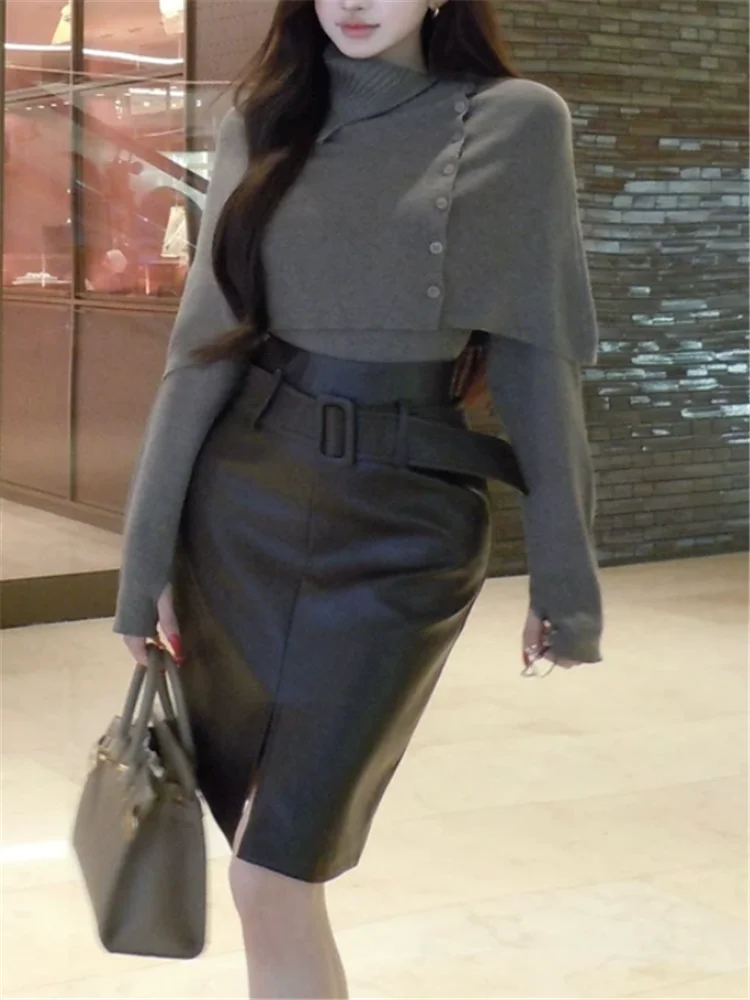 2026 Fall Winter Elegant Lady 2 Pieces Dress Sets O Neck Knitted T Shirt+Turtleneck Cloak Scarf+High Waist Slim Leather PU Skirt