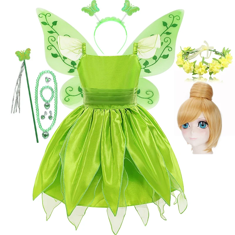 Fairy Tiana Costume for Girls Tinker Bell Princess Dress Elf Wings Headband Wand Toddler Fancy Birthday Halloween Party Gowns