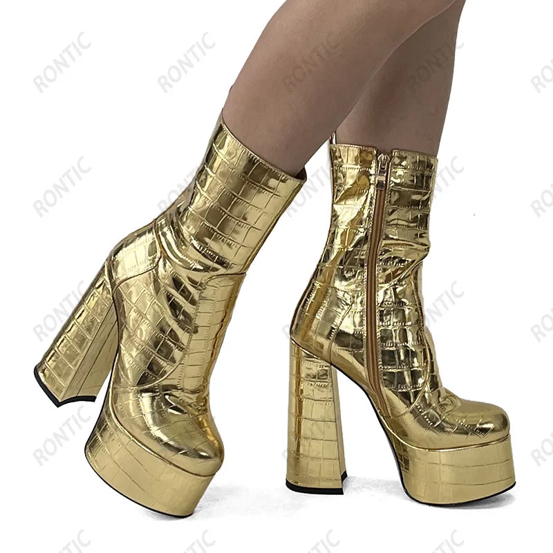 

Rontic New Fashion Women Platform Ankle Boots Stone Pattern Unisex Chunky Heel Silver Black Gold Night Club Shoes US Size 4-10.5