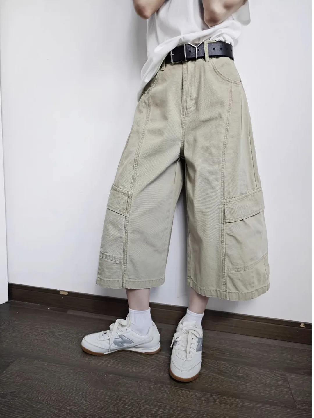 

Retro American Khaki Work Pants High Waist Wide Leg Eighteen Shorts Women Worn Jeans Short Washed Outfit Commute Style Pure C...