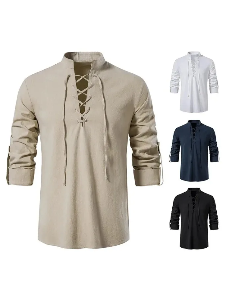 King Billion Herrenhemden Casual Herren Baumwolle Leinen Langarm T-Shirt Frühling Herbst Vintage Shirt US-Größe Kordelzug Hals