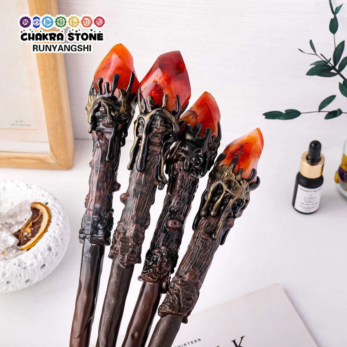 1PC Natural Crystal carnelian Torch Scepter Witch Magic Stick Fairy Wand Prop Wood Stick Household Supplies