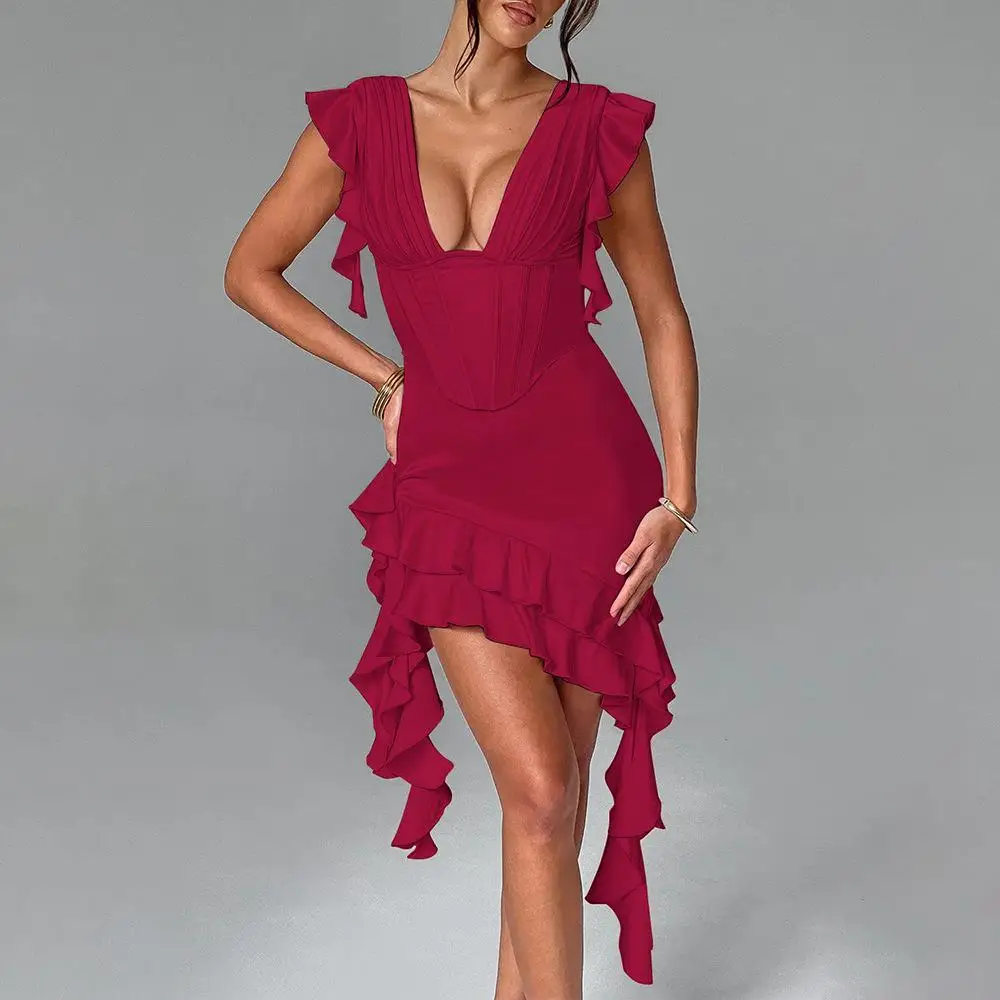 

Elegant Deep V Neck Backless Draped Ruffle Mini Dress for Woman Sexy Sleeveless Backless Solid Color Ruffled High Waist Dress