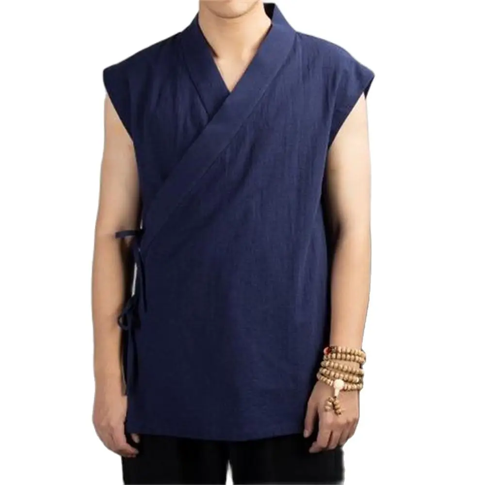 Men Linen Cotton Sleeveless Top Men's Tang Suit Kimono Cardigan Men's Slit Top Chinese Traditional Clothing Hanfu Vest