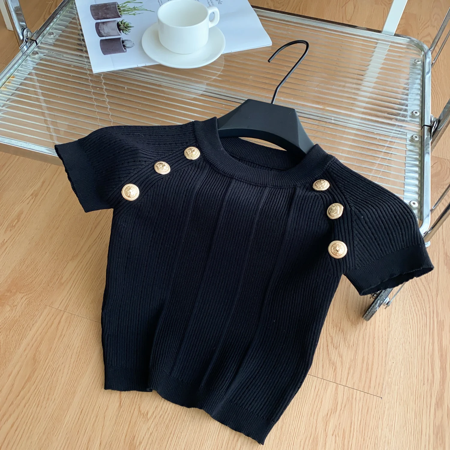 Summer Fashion O-Neck Knitted T-Shirt for Women New Chic Button Short Sleeve Crop Tops Ladies Versatile Slim Tees - Image 4