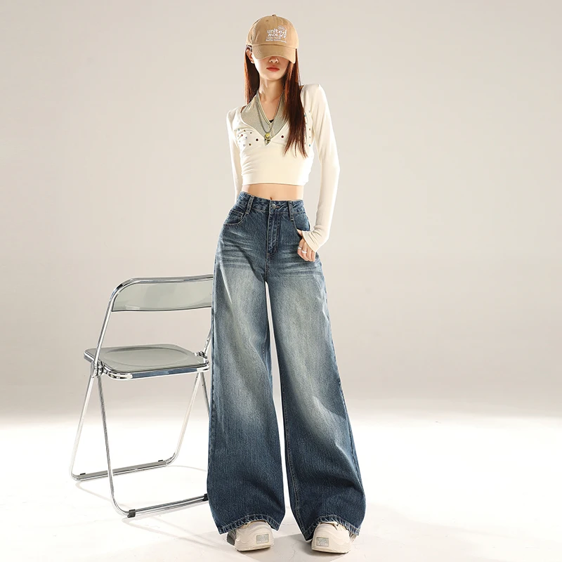 

Женские винтажные темные джинсы с широкими штанинами, прямые, свободные, повседневные, в пол, к Новому году