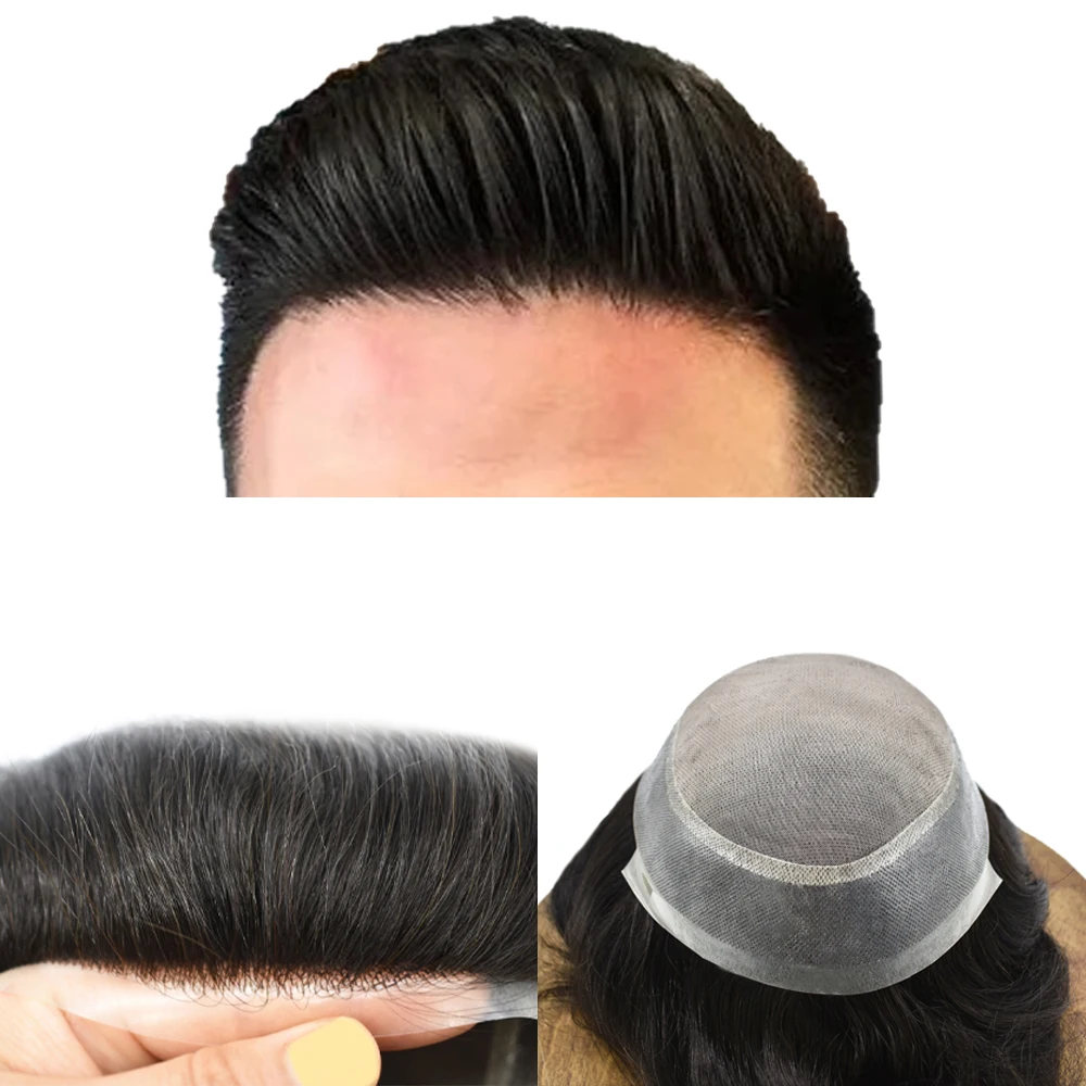 

Toupee for Men Real Human Hair Units Durable Fine Mono Hair Prosthesis Mens Toupee with Poly Skin Around Hair Replacement System