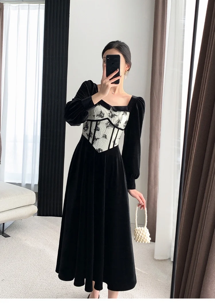 

winter and 2023 new autumn women's clothingPatchwork Customized Tulip Jacquard Square Collar Velvet Dress 1013