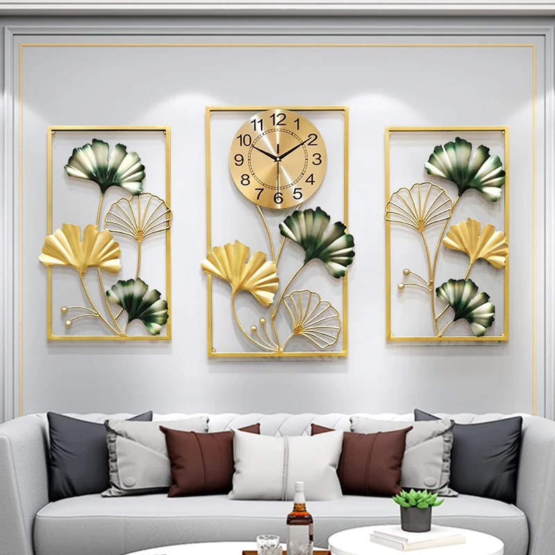  3pcs/set 3D Ginkgo Wall Clock Living Room Creative Personality Mute Quartz Hanging Watch 20 Inches Home Decor 