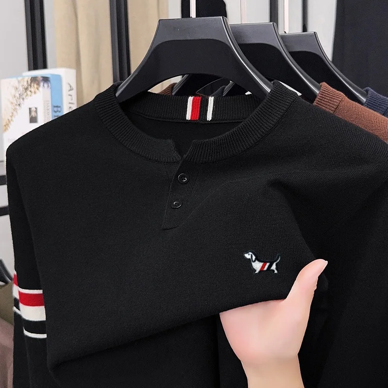 겨울 신상 남성용 O넥 풀오버 니트웨어 스웨터 럭셔리 퀄리티 투피스 버튼 컬러 블록 두꺼운 패션 출퇴근 남성복