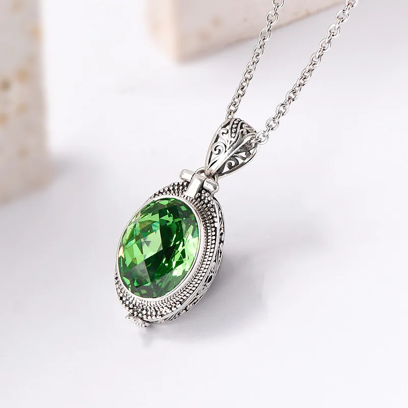 BOCAI S925 Sterling Silver Pendants New Fashion Eternal Vine Totem Oval Green Crystal GaWu Box Argentum Jewelry for Women