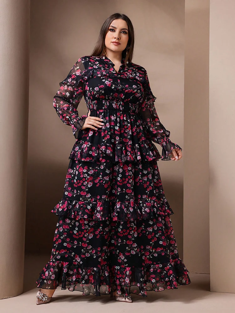 TOLEEN-Vestido largo de malla con estampado Floral para mujer, traje elegante de talla grande con manga acampanada, cuello en V, informal, para