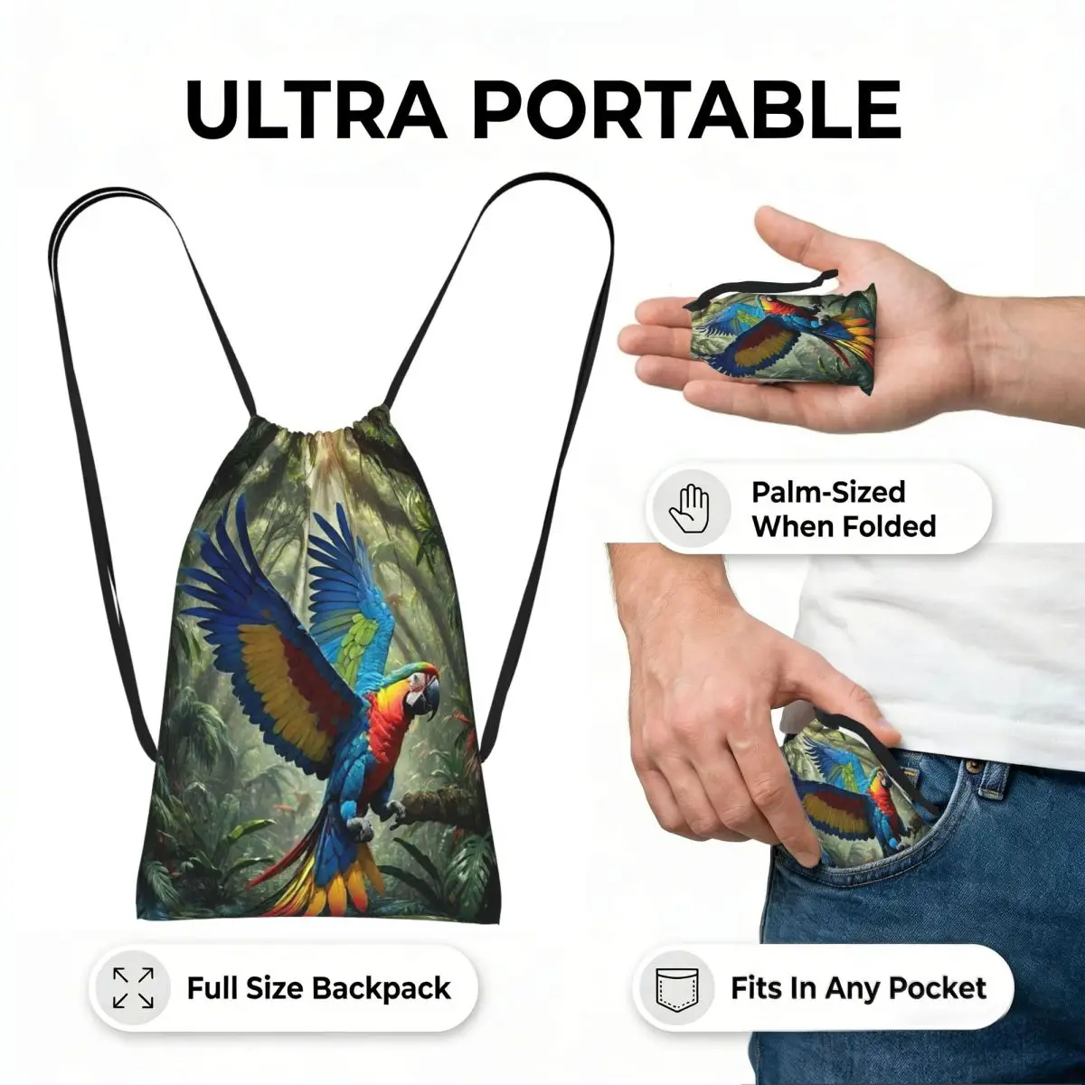 Cute Macaw Parrots Drawstring Backpack Sports Gym Bag Portable Travel Drawstring Bag for Men Women