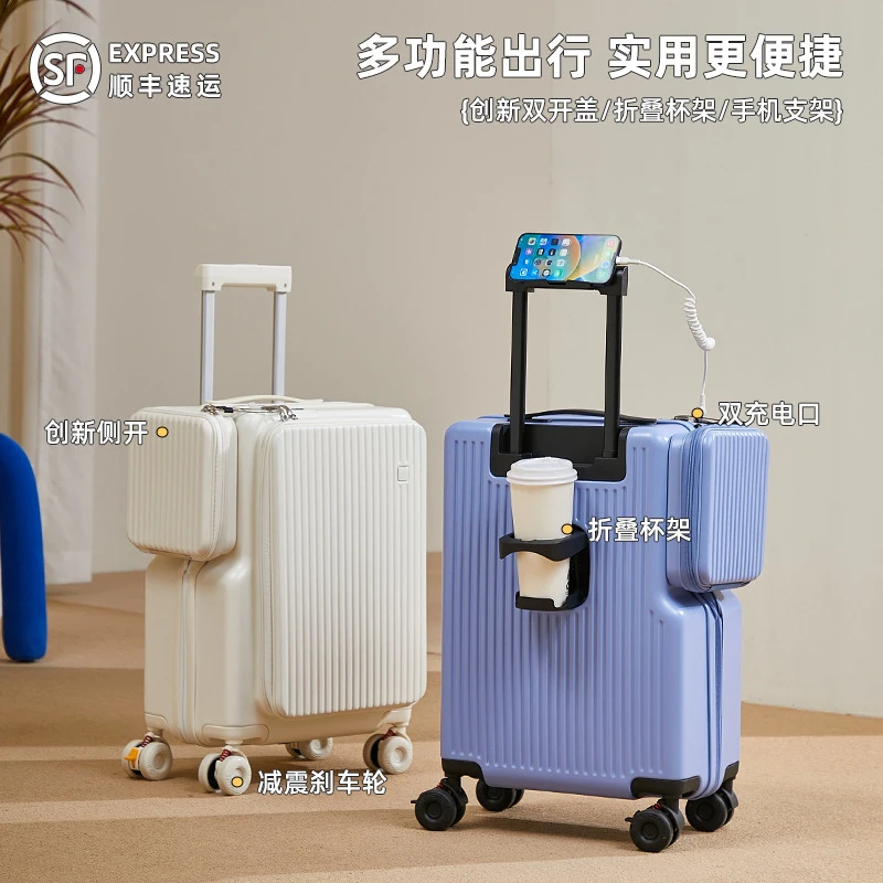 

2026 20 Inch Carry On Luggage Front Opening Suitcase with Cup Holder USB Port Spinner Wheels Password Lock Travel Trolley Case