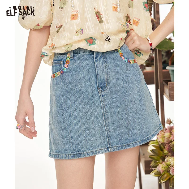 ELFSACK Women's Straight Leg Jeans Floral Print Denim Blue Casual Pants
