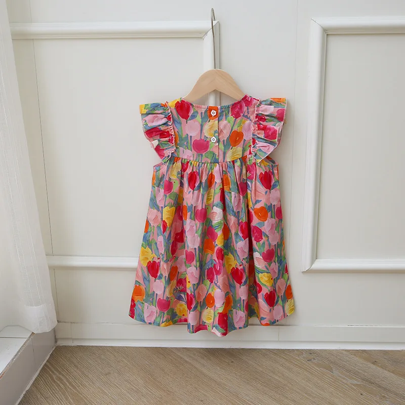 

HOT Tulip Sweet round Neck Girls Dress Summer 2026 Cotton Princess Skirt Fashionable Kids Wholesale Clothing Small Flying Sleeve
