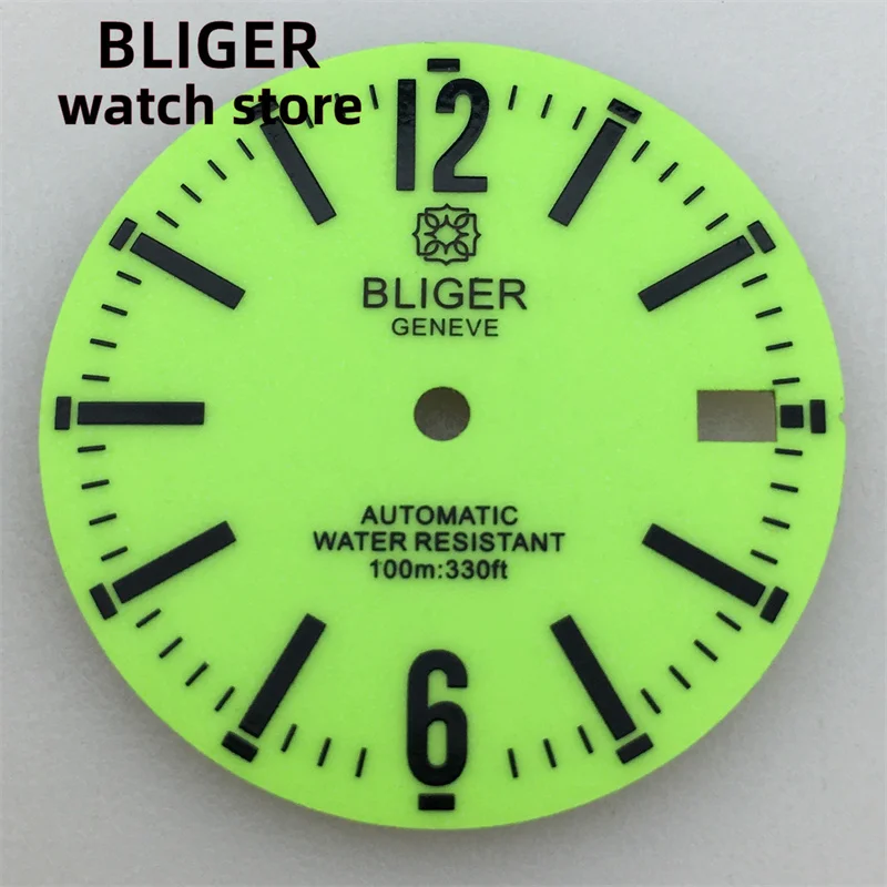 BLIGER 29mm Dial White Fluorescent Green dial Green Luminous Fits NH35 NH36 movement For 3 o 'clock and 3.8 crown