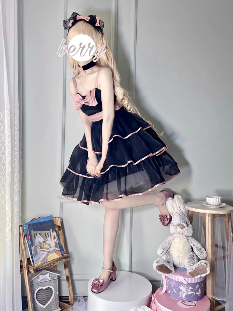 Design original damasco lolita vestido querida jsk cinta vestido 2025 novo em camadas plissado sem mangas vestido de verão