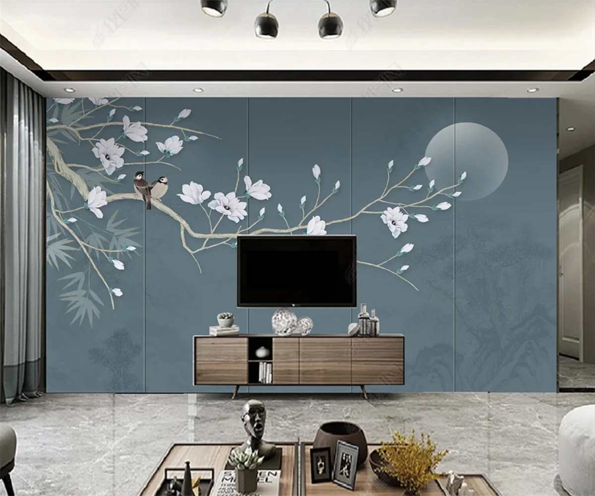 beibehang Customized papel de parede new modern Chinese style magnolia flower and bird hard pack background wallpaper