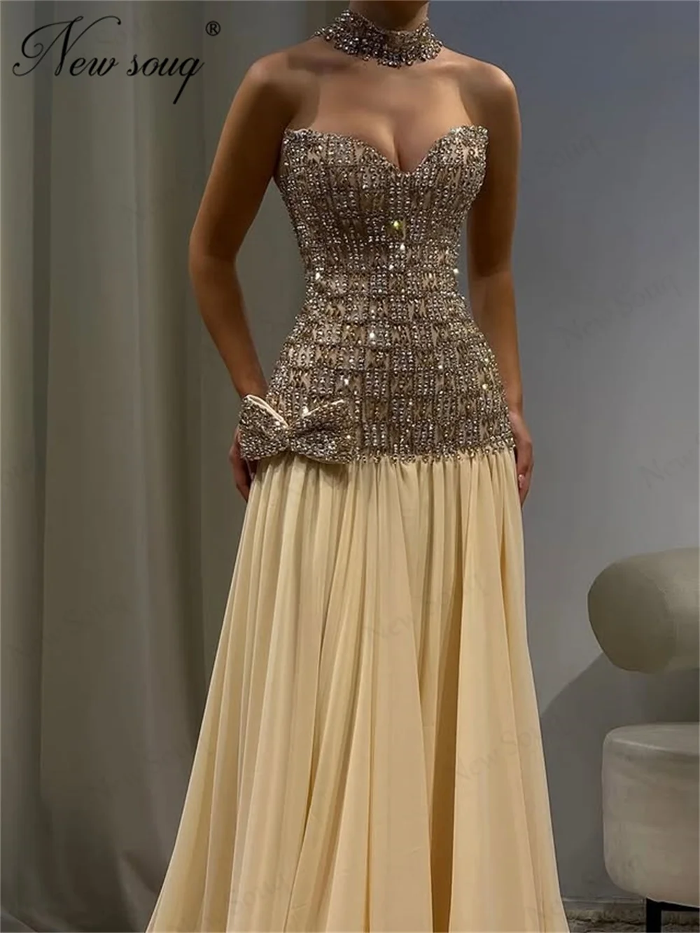 

Ice Cream A Line Chiffon Evening Dresses Full Beaded Crystals Prom Dresses Customized Engagement Gowns Party Night Robes Du Soir