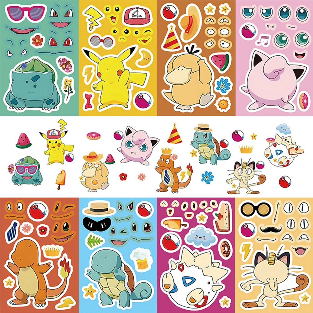 

8/16sheets Anime Pokemon Puzzle Stickers Funny DIY Make a Face Jigsaw Stickers Cartoon Pikachu Assemble Jigsaw Toys Party Gifts