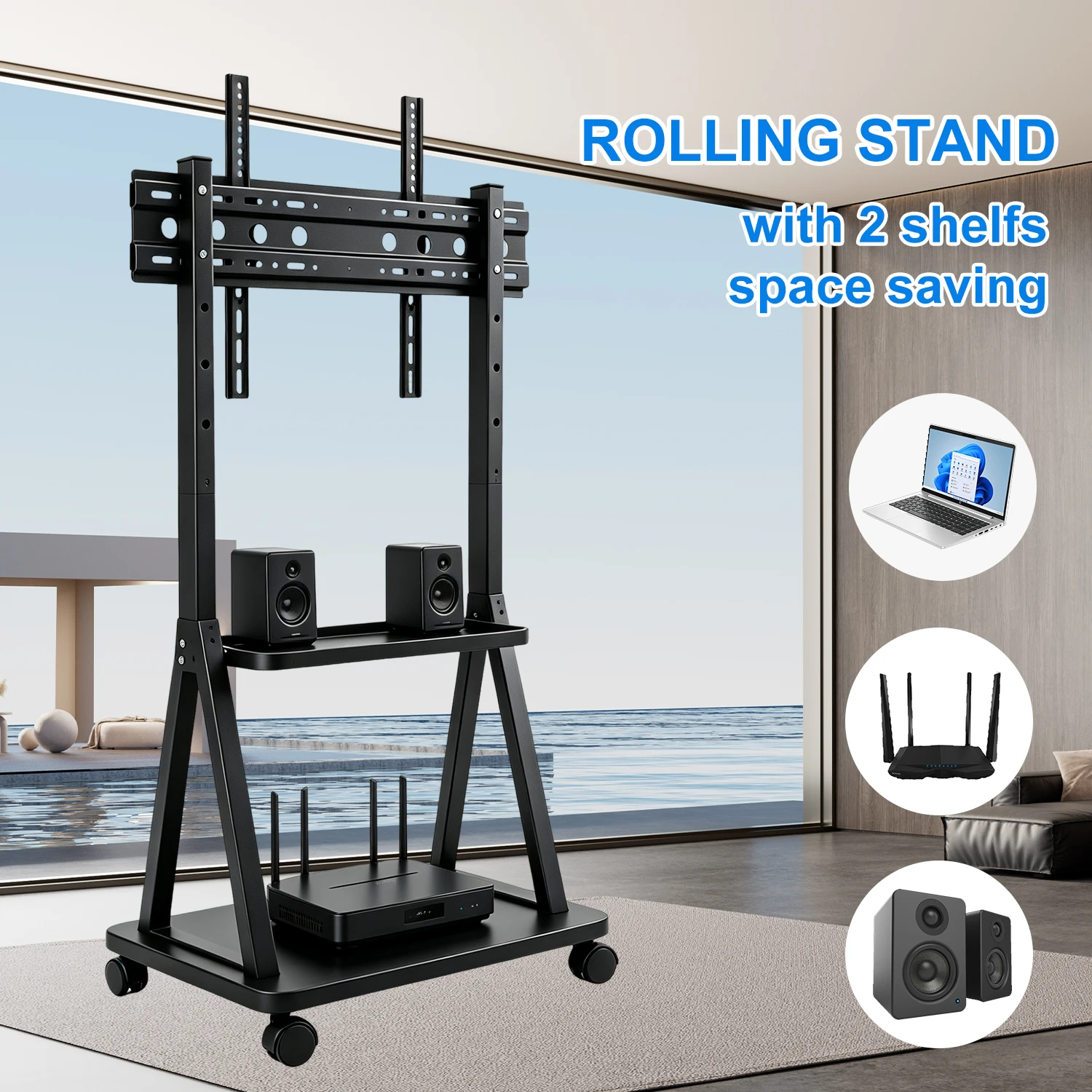 Carrello mobile per TV con supporto scorrevole, adatto a schermi piatti o curvi da 32 a 75 pollici, realizzato in acciaio al carbonio resistente, con 2 ripiani portaoggetti e ruote bloccabili,