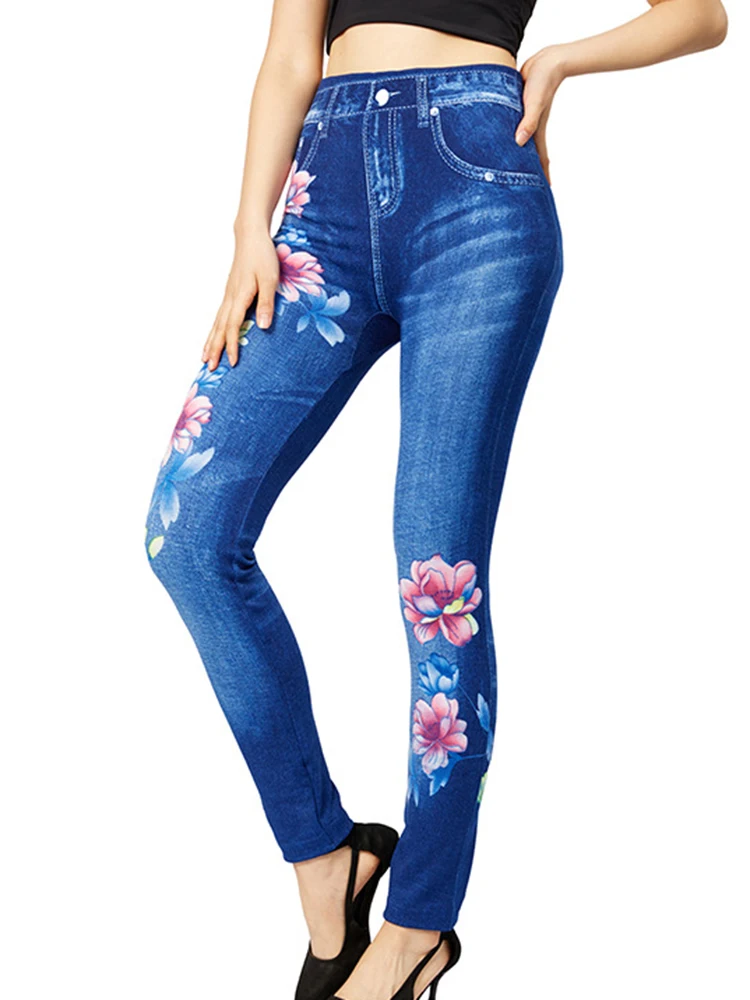 Design Floral de cintura alta feminina Jeans elásticos Jeans Falsos Leggings, Calças Lápis, Push Up Denim