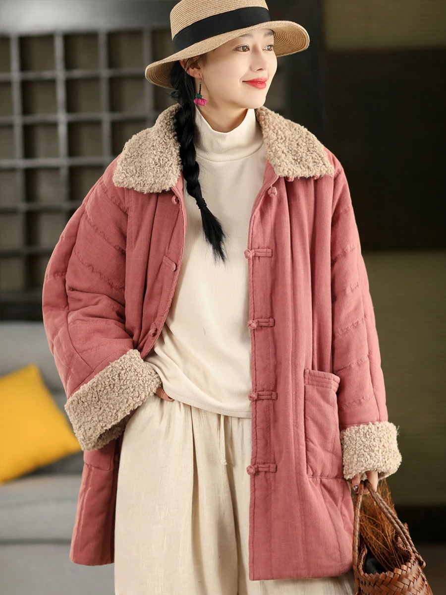 

Thiened Winter Jaet Lamb Fur Collar Splicing Warm Cotton Coat Medium Length eepskin Collar Single Button Closure Pure C...