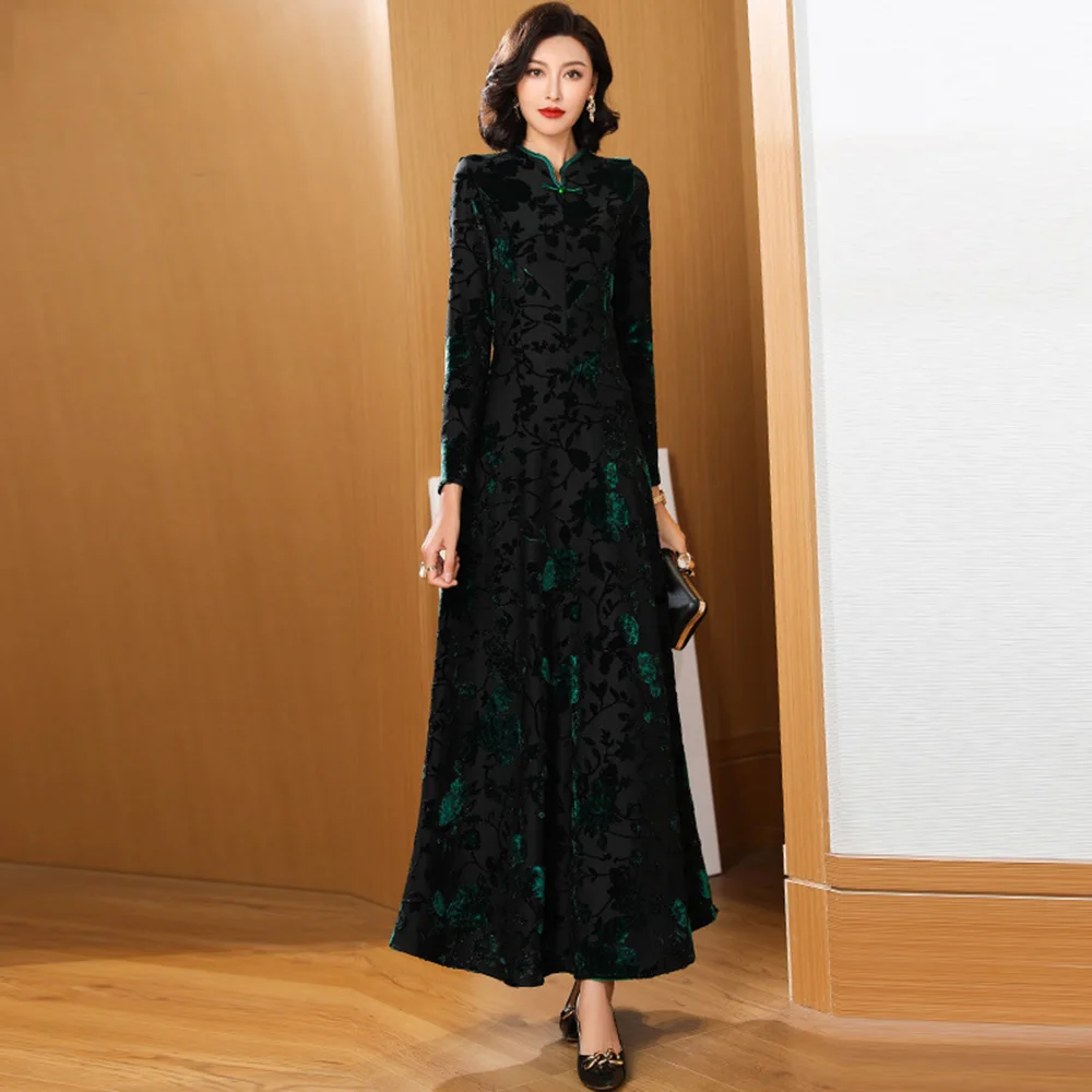 New Women Lengthened Dress Spring Autumn Elegant Fashion Green Jacquard Stand Collar Long Sleeve Long Dress Slim Winter Dresses