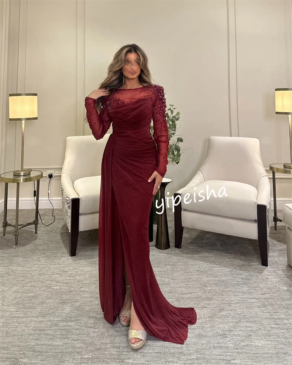 Customized Sizes Available Sequined Pleat Trumpet Jewel Long Dresses Evening Dresses Classic Formal Modern Style Sparkle Matchin