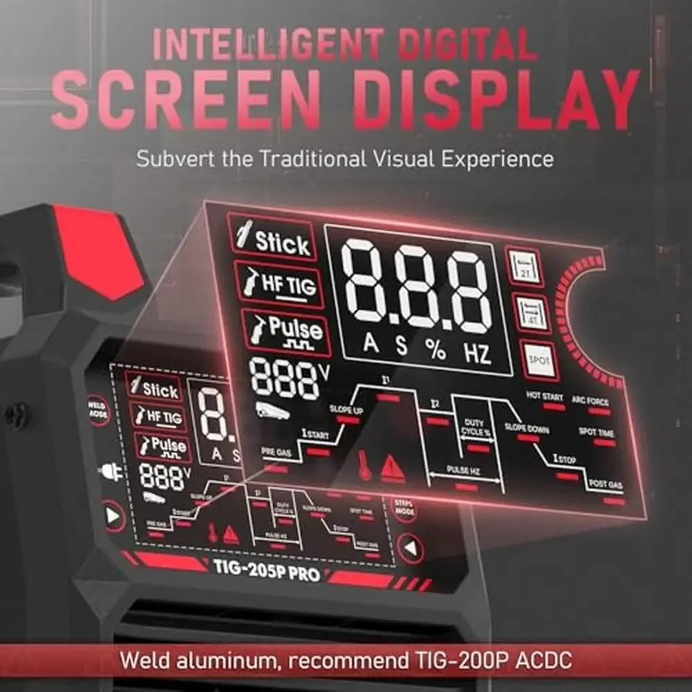 ماكينة لحام TIG مع نبض 205Amp شاشة LED كبيرة عصا/تيار مستمر TIG/PULSE TIG 3 في 1 110 & 220 فولت ماكينة لحام TIG ذات جهد مزدوج TIG-205P